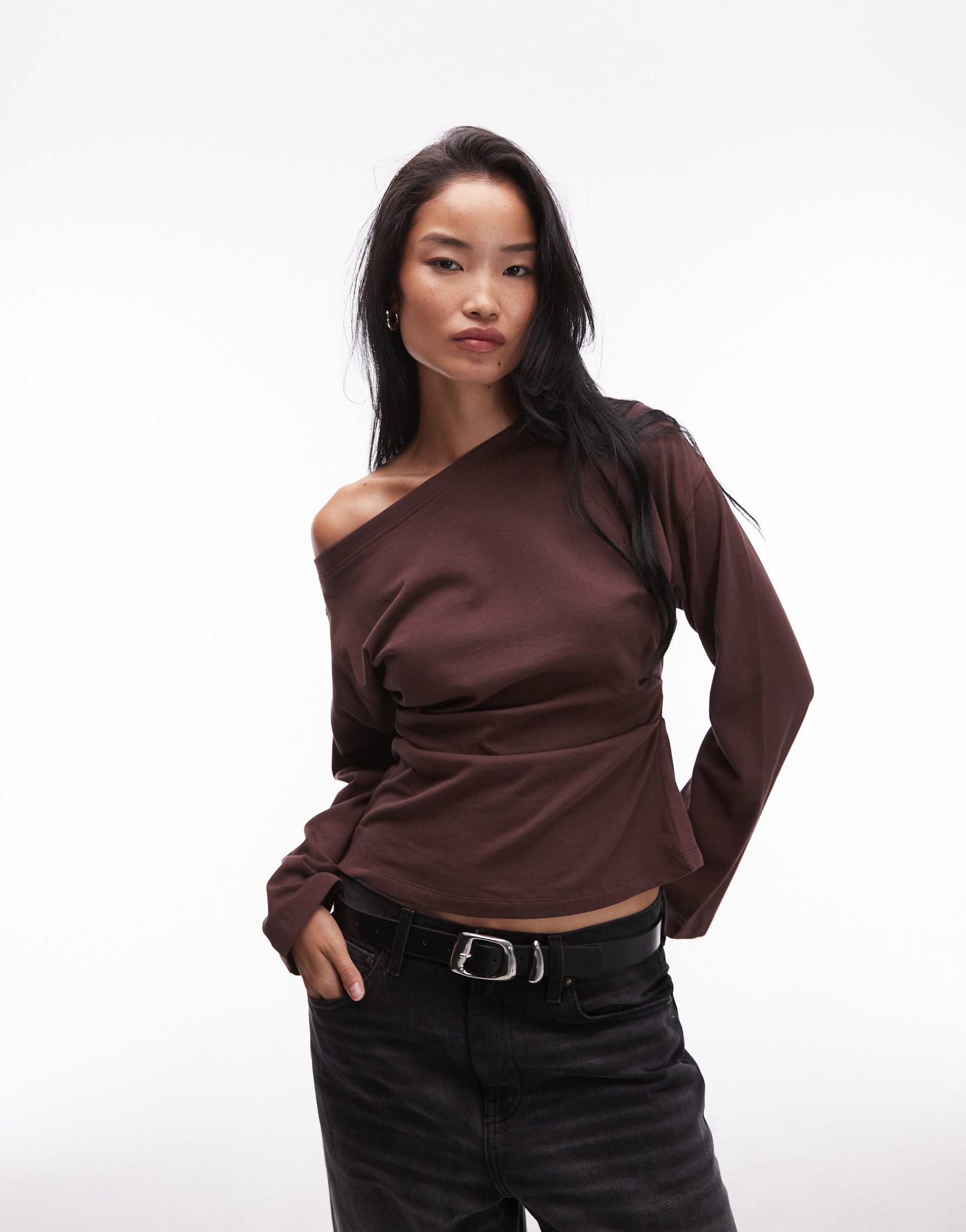 asos design long sleeve off shoulder corset waist tee in chocolate