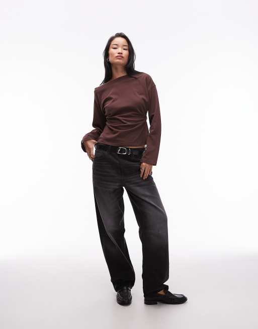 ASOS DESIGN long sleeve off shoulder corset waist tee in chocolate
