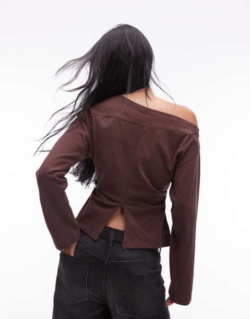 ASOS DESIGN long sleeve off shoulder corset waist tee in chocolate