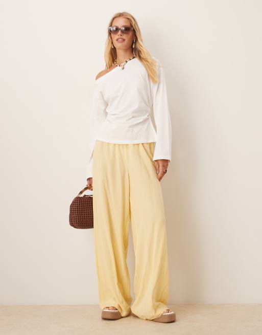 ASOS DESIGN long sleeve off shoulder corset waist tee in cream