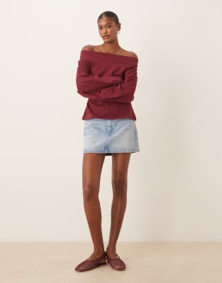 Asos Design Long Sleeve Off Shoulder Corset Waist Tee In Burgundy