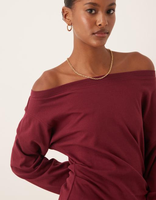 ASOS DESIGN long sleeve off shoulder corset waist tee in dark cherry