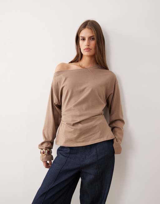 ASOS DESIGN long sleeve off shoulder corset waist tee in gray heather