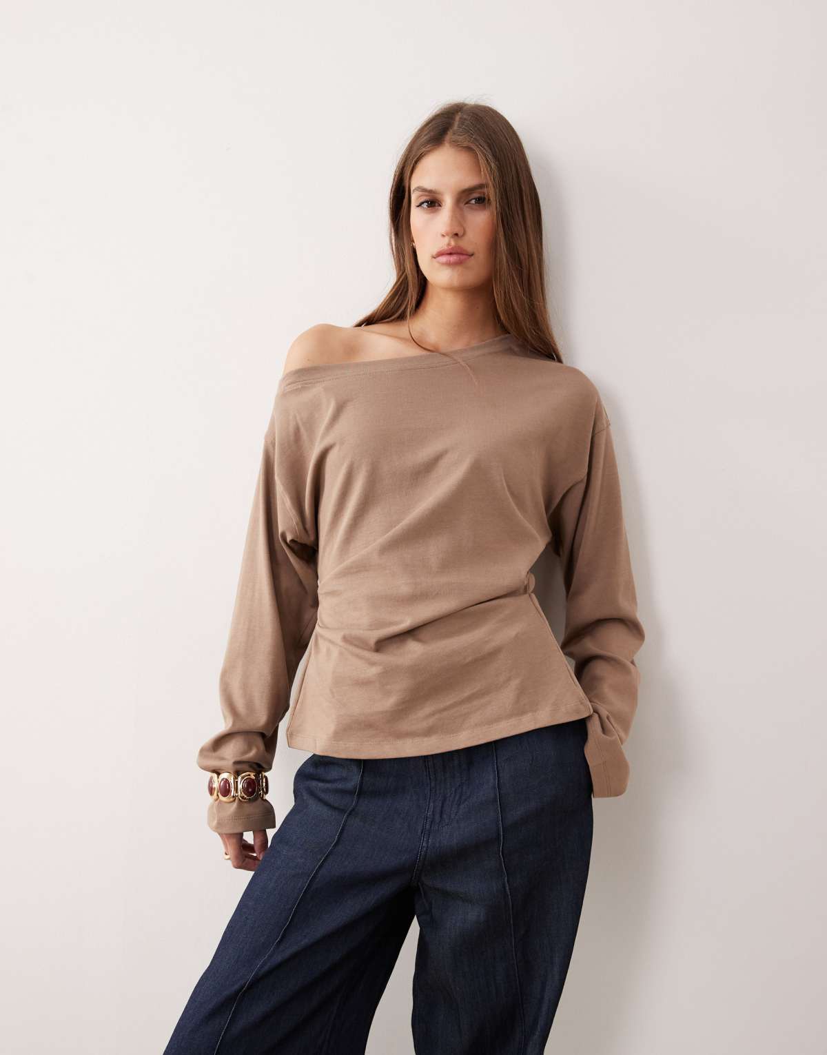 ASOS DESIGN long sleeve off shoulder corset waist tee in - GREY MARL