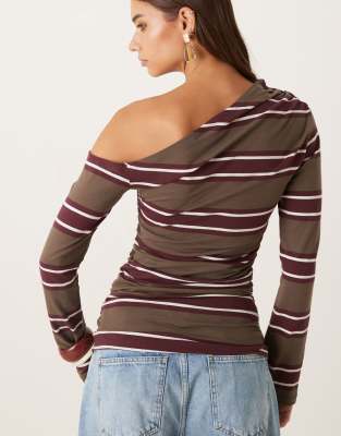 Asos Design Long Sleeve Off Shoulder Corset Waist Tee In Animal Print