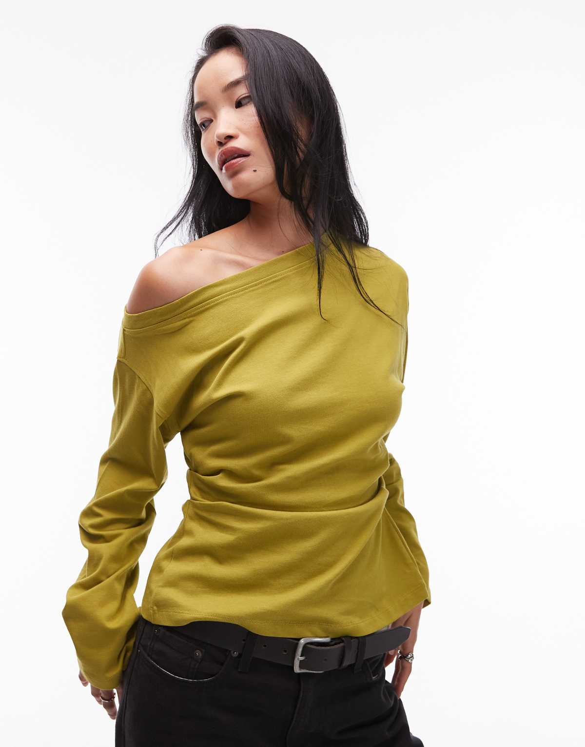 ASOS DESIGN long sleeve off shoulder corset waist tee in olive