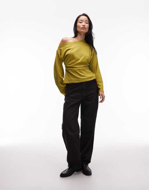 ASOS DESIGN long sleeve off-shoulder corset waist tee in olive