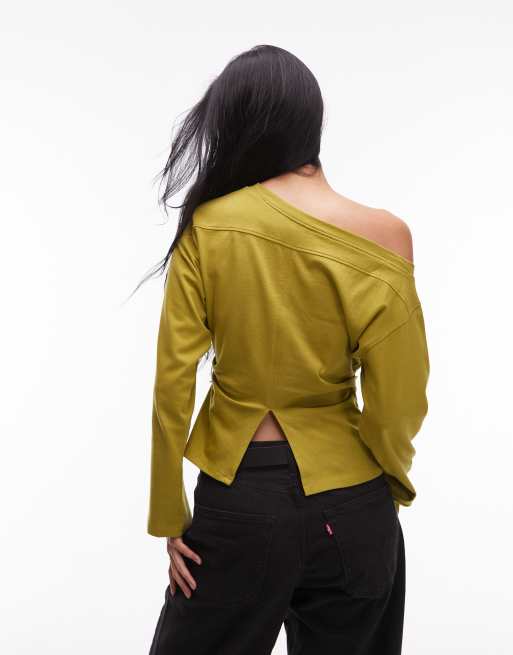 ASOS DESIGN long sleeve off-shoulder corset waist tee in olive