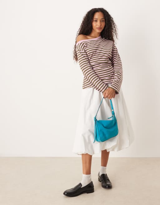 ASOS DESIGN long sleeve off-shoulder corset waist tee in pink & green stripe, 3 of 4