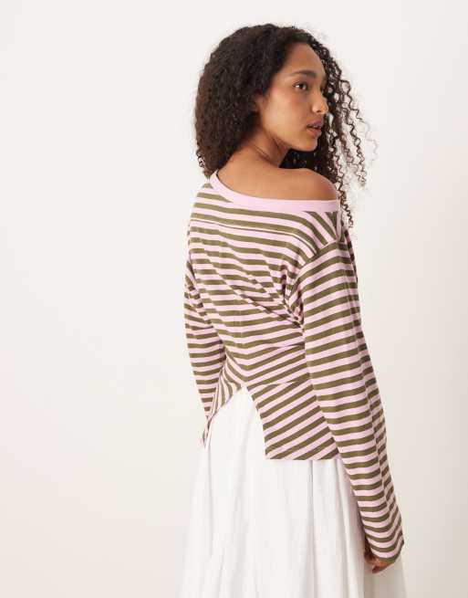 ASOS DESIGN long sleeve off-shoulder corset waist tee in pink & green stripe, 4 of 4