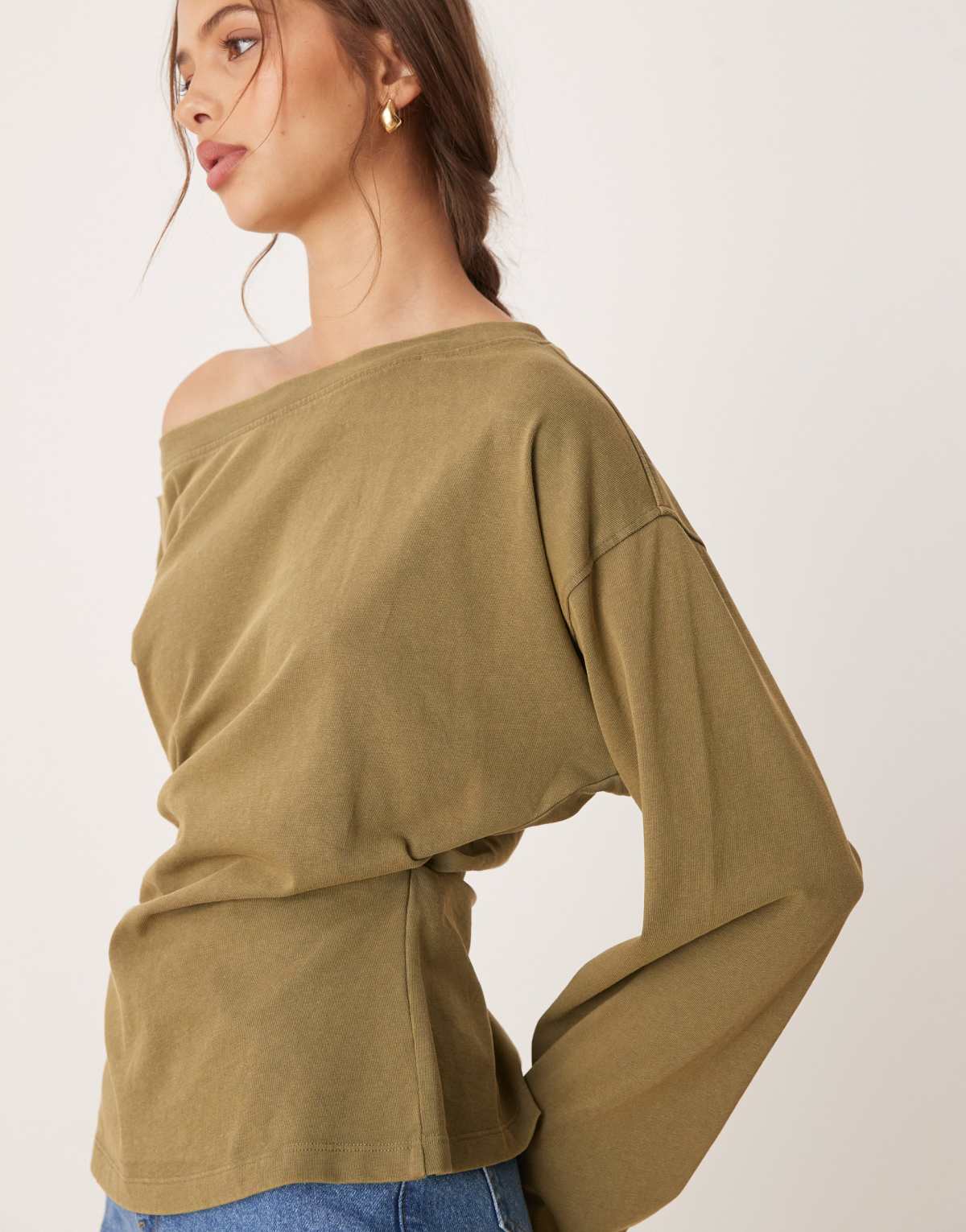 ASOS DESIGN long sleeve off shoulder corset waist tee in washed khaki