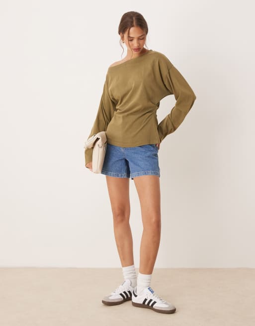 ASOS DESIGN long sleeve off shoulder corset waist tee in washed khaki