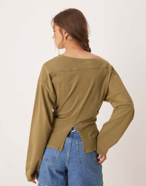 ASOS DESIGN long sleeve off shoulder corset waist tee in washed khaki
