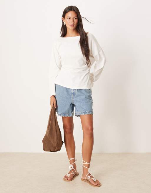 ASOS DESIGN long sleeve off the shoulder corset waist tee in white