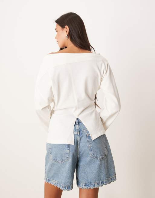 ASOS DESIGN long sleeve off shoulder corset waist tee in white, 3 of 4