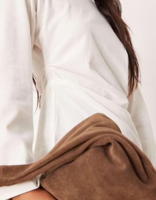 ASOS DESIGN long sleeve off the shoulder corset waist tee in white