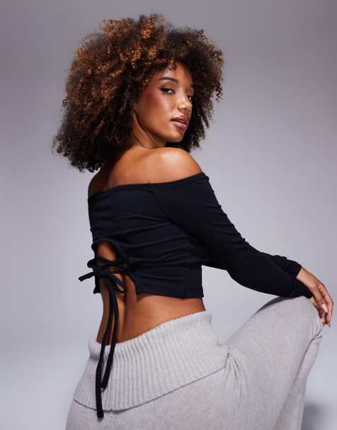 ASOS DESIGN long sleeve off shoulder lace up back top in black - view 1