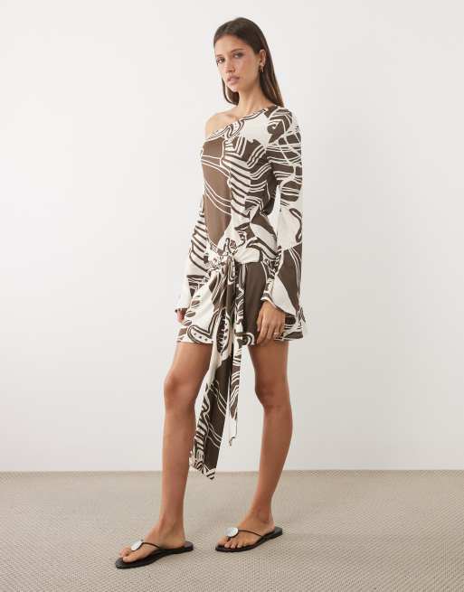 abstract long sleeve dress Brown Abstract Print Belted Maxi Shirt Dress - All Dresses