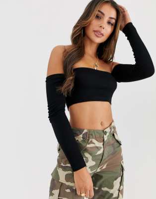 cold shoulder black crop top