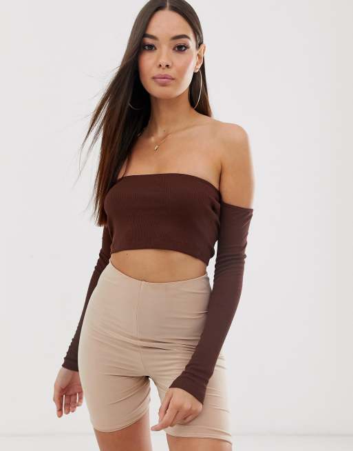 Asos Design Long Sleeve Off Shoulder Rib Super Crop Top In Brown Asos 