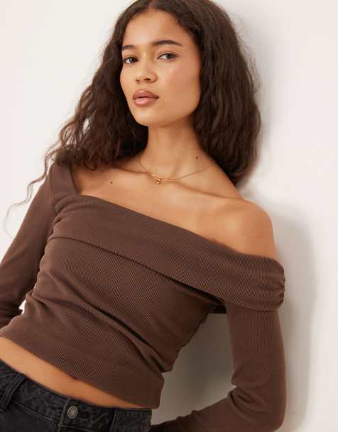 ASOS DESIGN long sleeve off shoulder rib top with fold over detail in chocolate - view 1