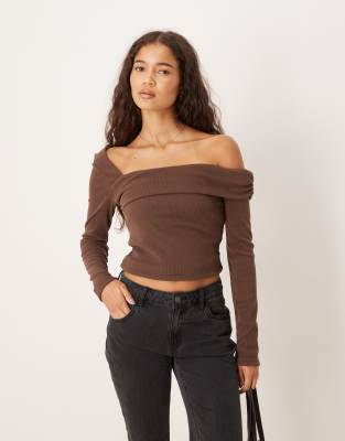 Asos Design Long Sleeve Off Shoulder Rib Top With Fold Over Detail In Brown