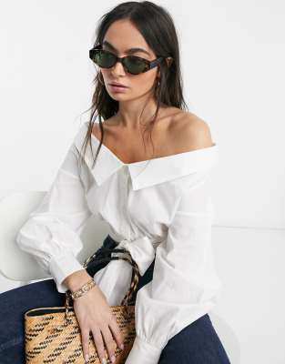 ASOS DESIGN long sleeve off shoulder shirt with tie front in white