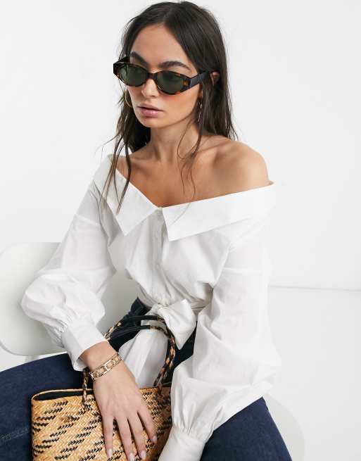 ASOS DESIGN long sleeve shoulder shirt tie front in white ASOS