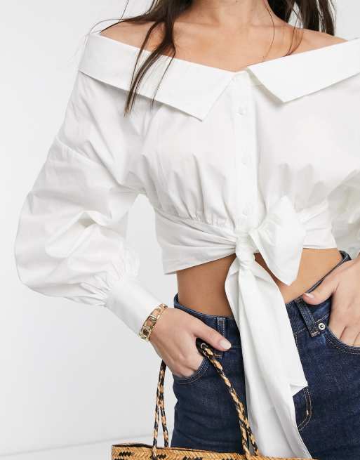 White off the shop shoulder tie top