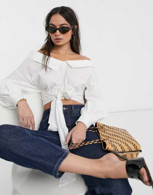 Off shoulder white button up online shirt