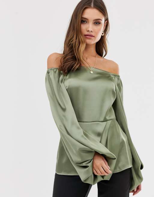 ASOS DESIGN long sleeve off shoulder top in satin