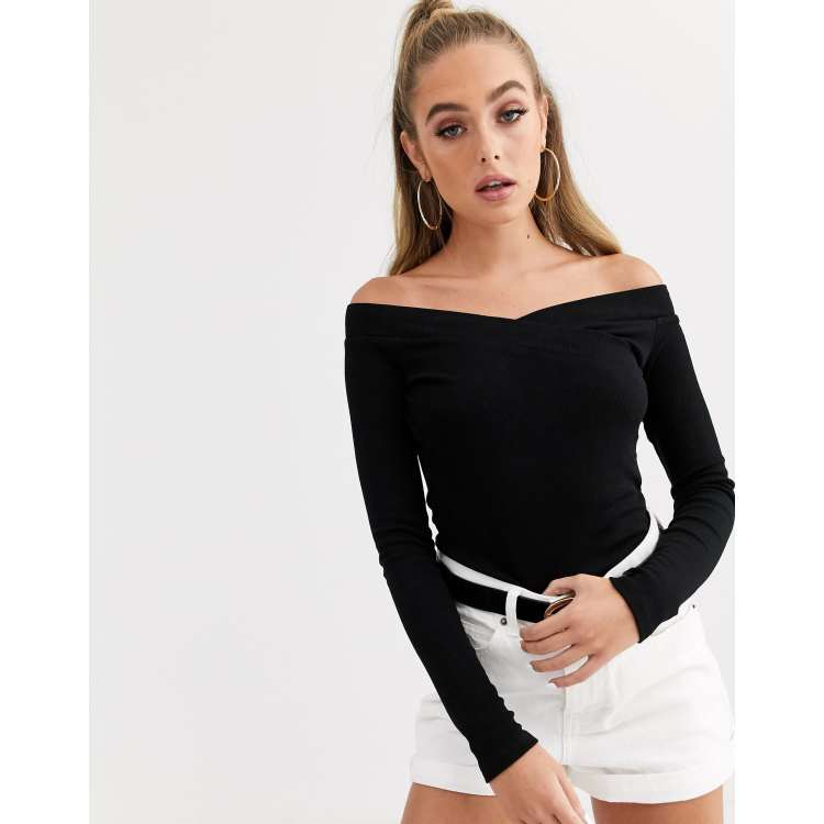 Asos black off store the shoulder top