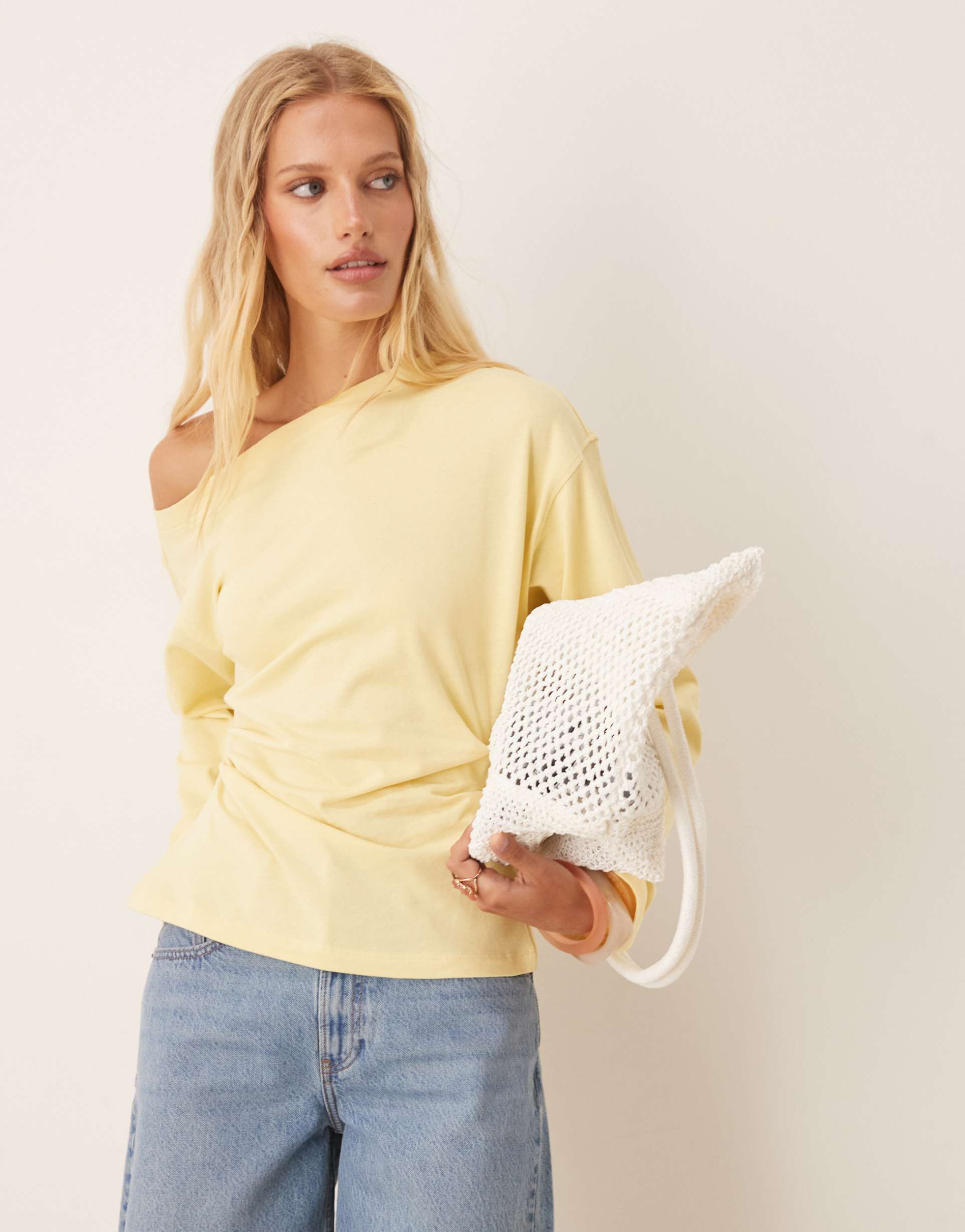 asos design long sleeve off the shoulder corset waist tee in buttermilk