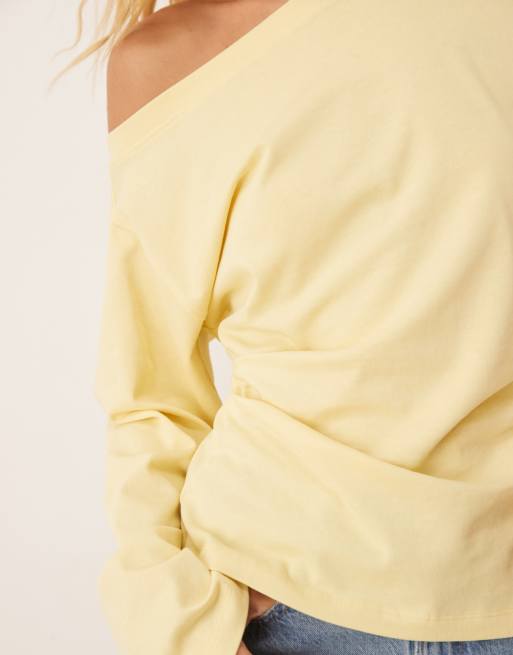 ASOS DESIGN long sleeve off shoulder corset waist tee in buttermilk