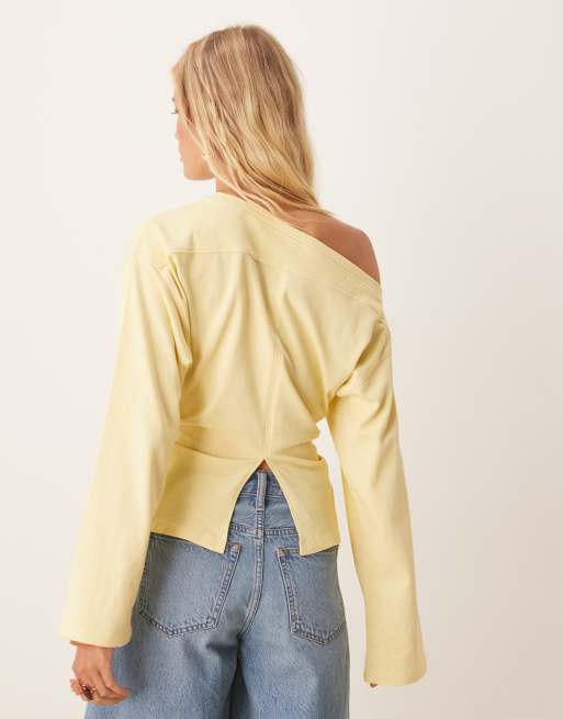 ASOS DESIGN long sleeve off shoulder corset waist tee in buttermilk