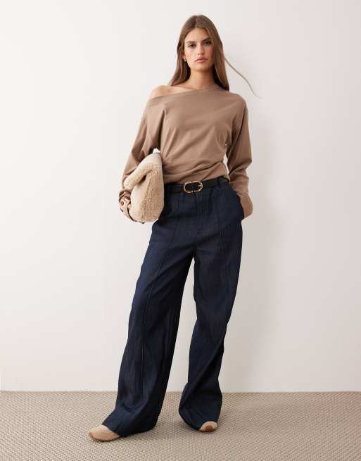ASOS DESIGN long sleeve off-the-shoulder corset waist tee in mocha