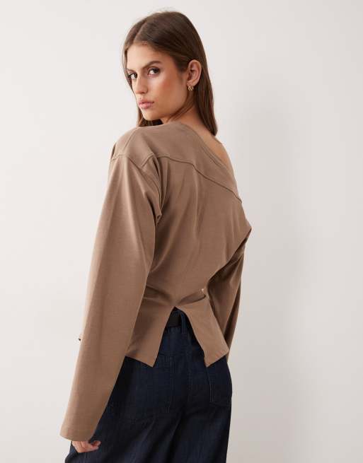ASOS DESIGN long sleeve off-the-shoulder corset waist tee in mocha