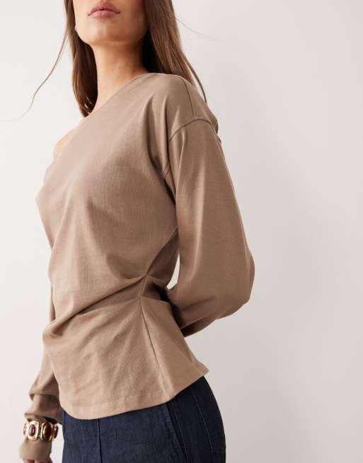 ASOS DESIGN long sleeve off-the-shoulder corset waist tee in mocha
