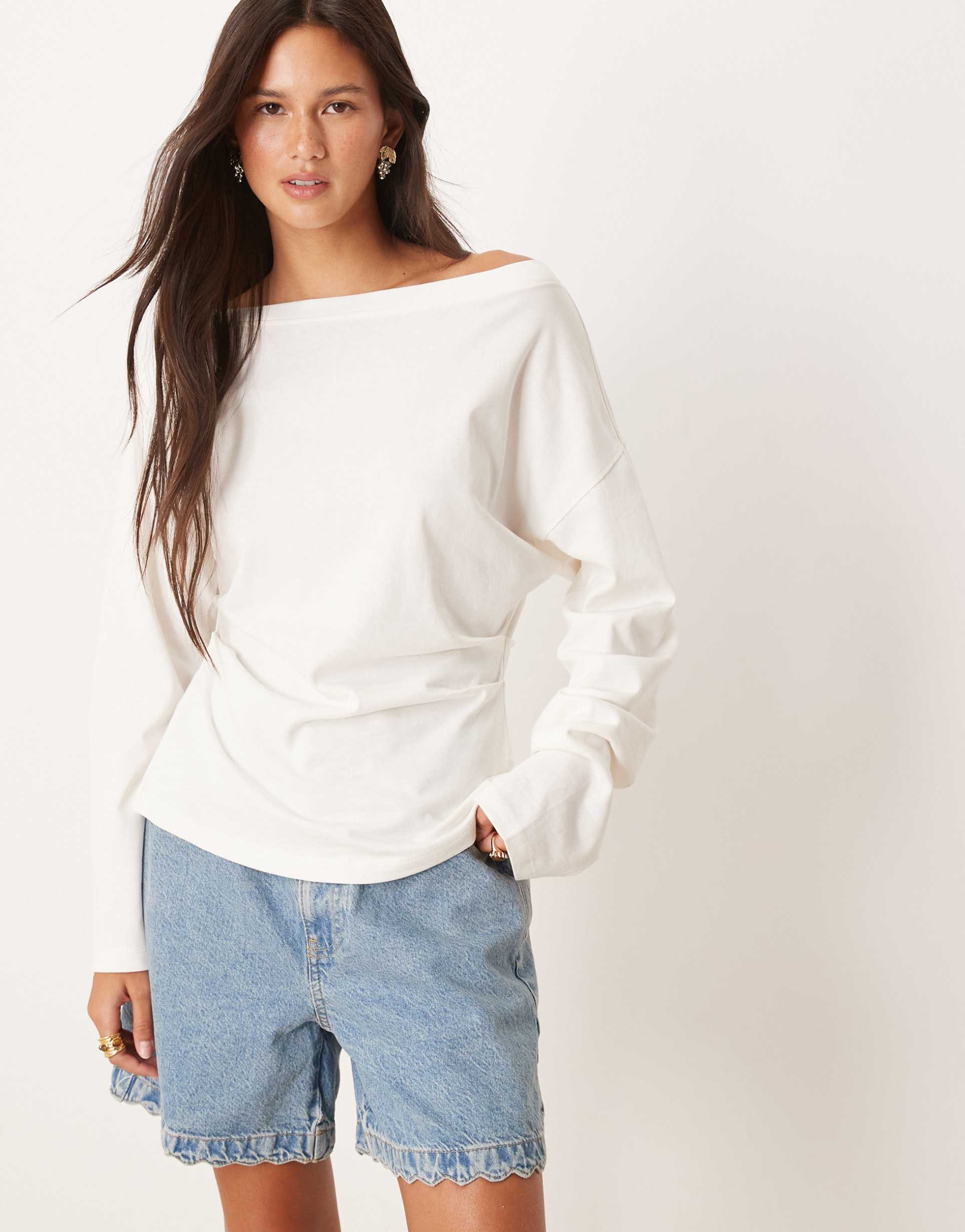 asos design long sleeve off the shoulder corset waist tee in white