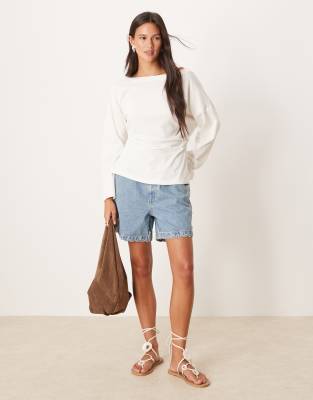 Asos Design Long Sleeve Off The Shoulder Corset Waist Tee In White