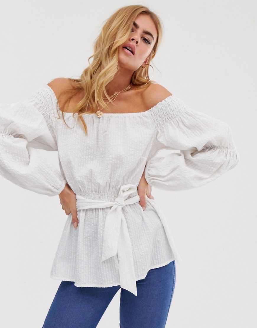 ASOS DESIGN long sleeve off the shoulder top in textured fabric with belt detail-White