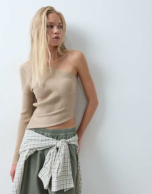 ASOS DESIGN long sleeve one-shoulder knit ribbed top in oatmeal, 2 of 5