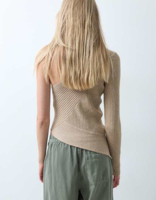 ASOS DESIGN long sleeve one-shoulder knit ribbed top in oatmeal, 4 of 5