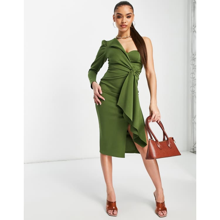 ASOS DESIGN long sleeve one shoulder tie front midi dress in khaki