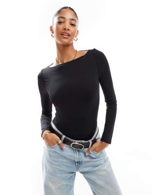 Asos Design Long Sleeve Open Back Bodysuit In Black