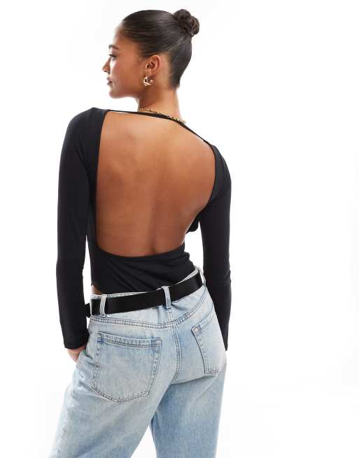 ASOS DESIGN long sleeve open back bodysuit in black