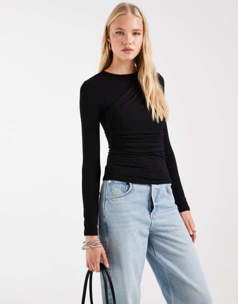 ASOS DESIGN long sleeve overlay wrap top in black - view 1