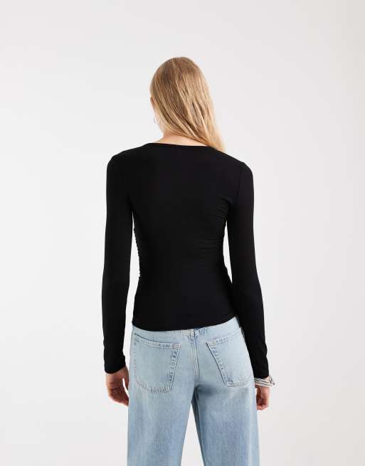 ASOS DESIGN long sleeve overlay wrap top in black, 4 of 4