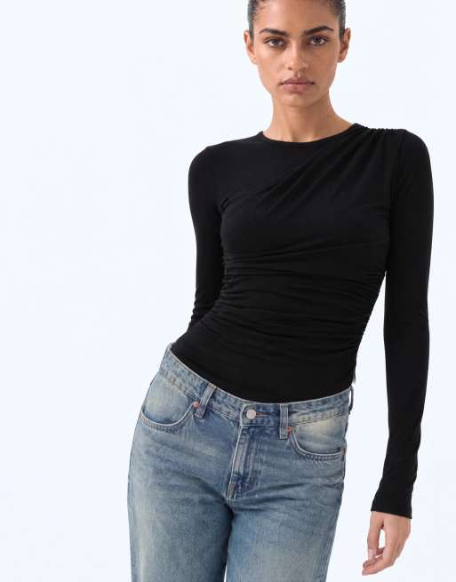 ASOS DESIGN long sleeve overlay wrap top in black, 5 of 8