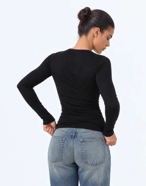 ASOS DESIGN long sleeve overlay wrap top in black, 7 of 8
